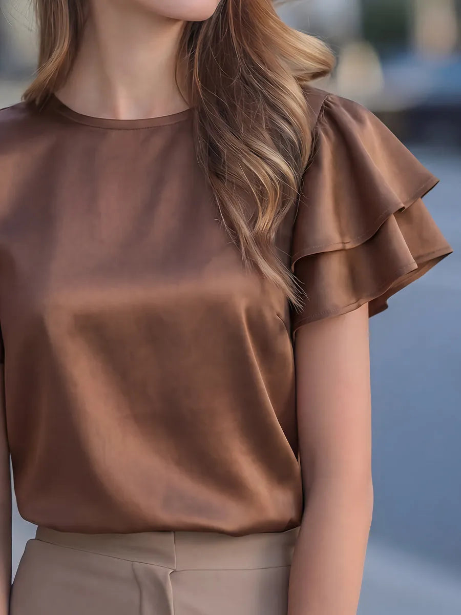 Double-Layer Ruffle-Sleeve Satin Blouse