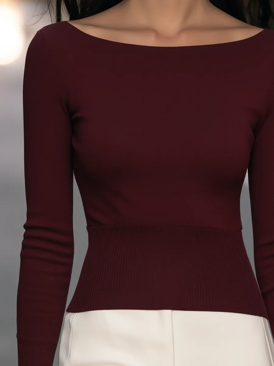 Boat-Neck Ribbed-Waist Long-Sleeve Knit Top