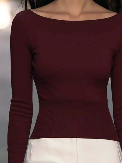 Boat-Neck Ribbed-Waist Long-Sleeve Knit Top