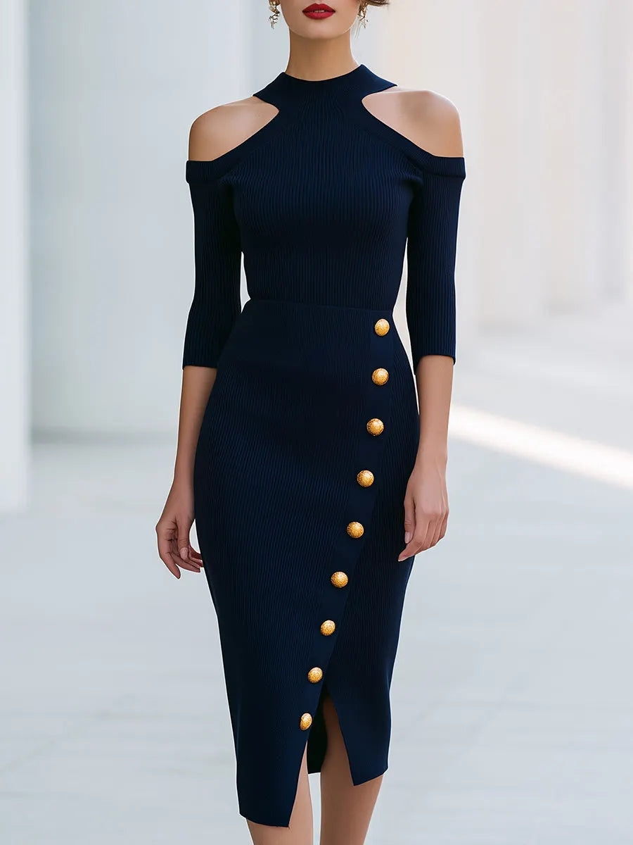 Cold-Shoulder Button-Detail Ribbed Midi Dress