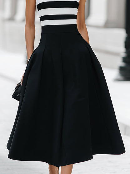 Chic Striped Sleeveless Midi Dress With Pockets