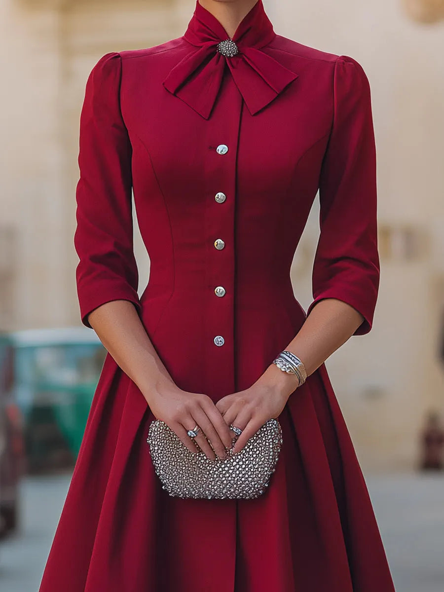 Rhinestone Embellished Bow Collar Red Tailored Swing Midi Dress