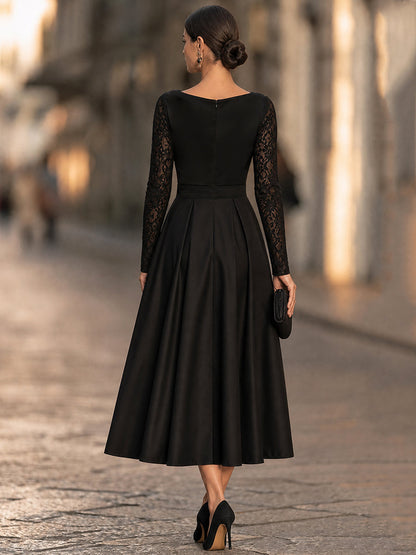Elegant Draped Cowl Neck Satin Lace Sleeves Midi Dress