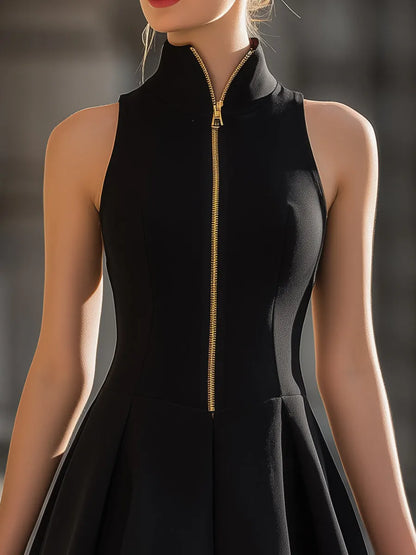 Stand-Up Collar Gold-Zip Sleeveless Fit-and-Flare Mini Dress