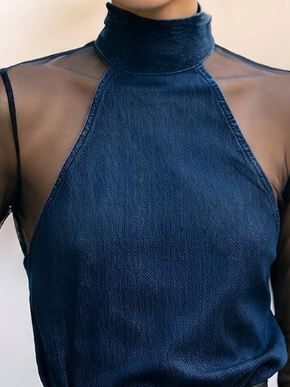 Sheer Mesh Sleeve Velvet Mock Neck Blouse