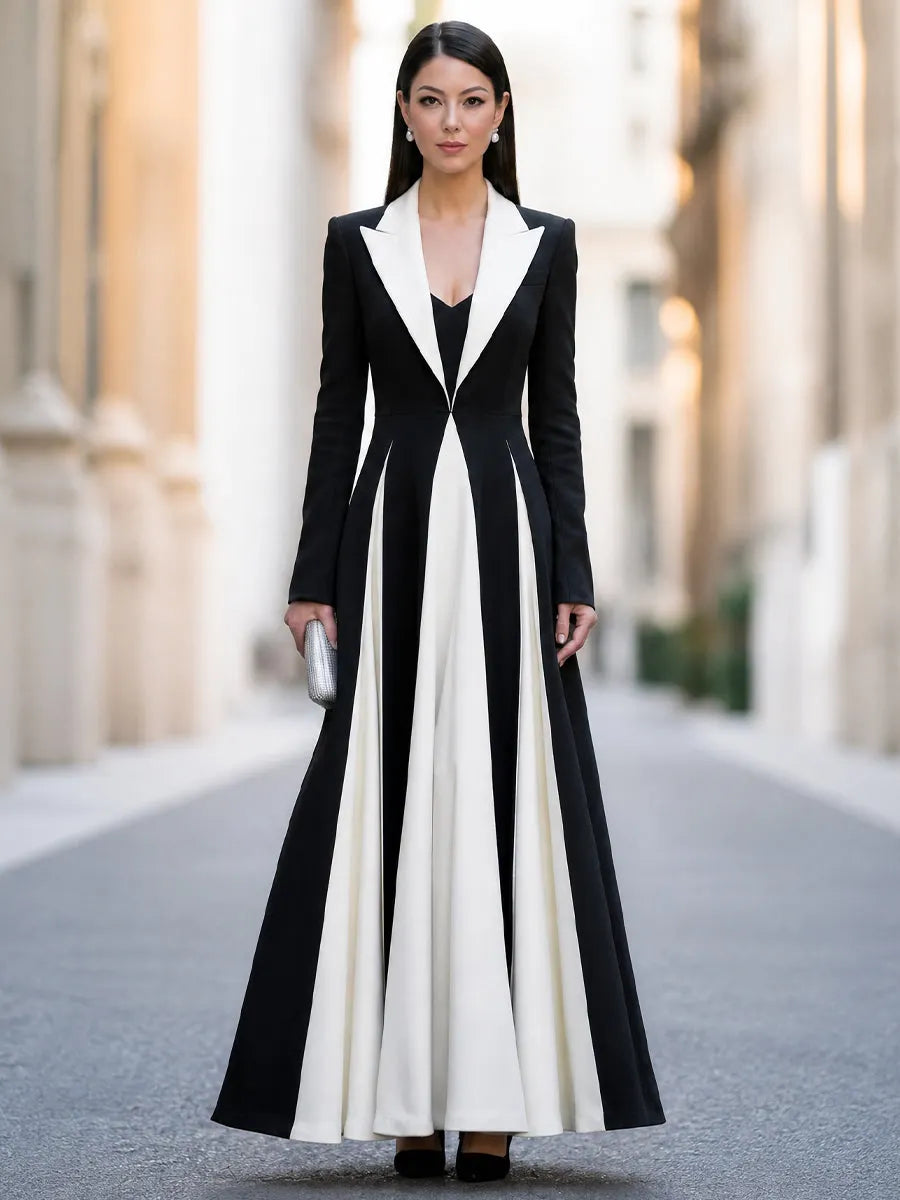 Contrast Color Block Long Sleeve Maxi Dress with Lapel Collar
