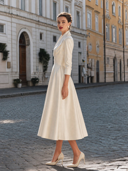 Elegant Notched Collar 3/4 Sleeve A-Line Midi Dress