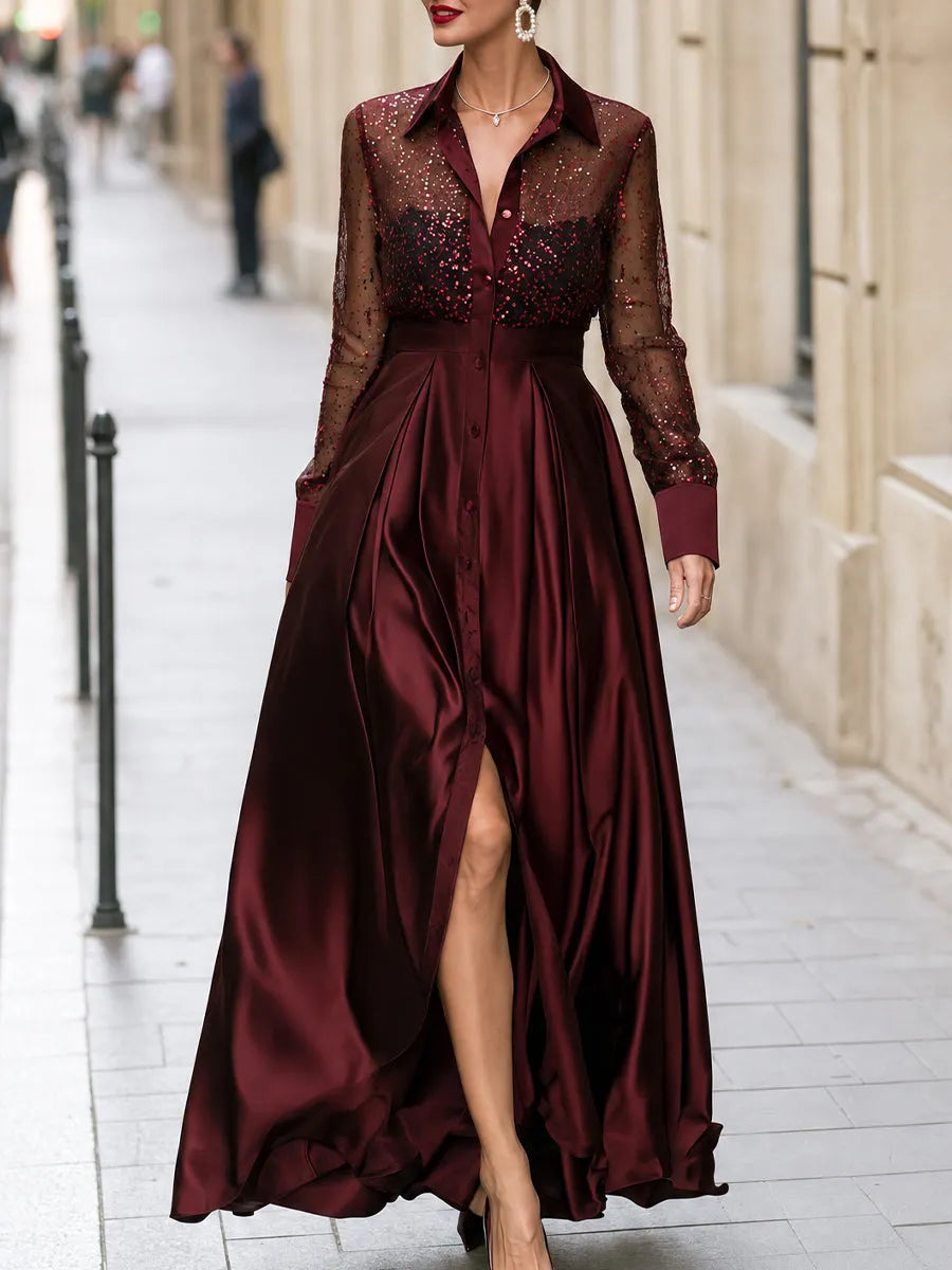 Sequin Mesh Sleeve Satin Maxi Dress