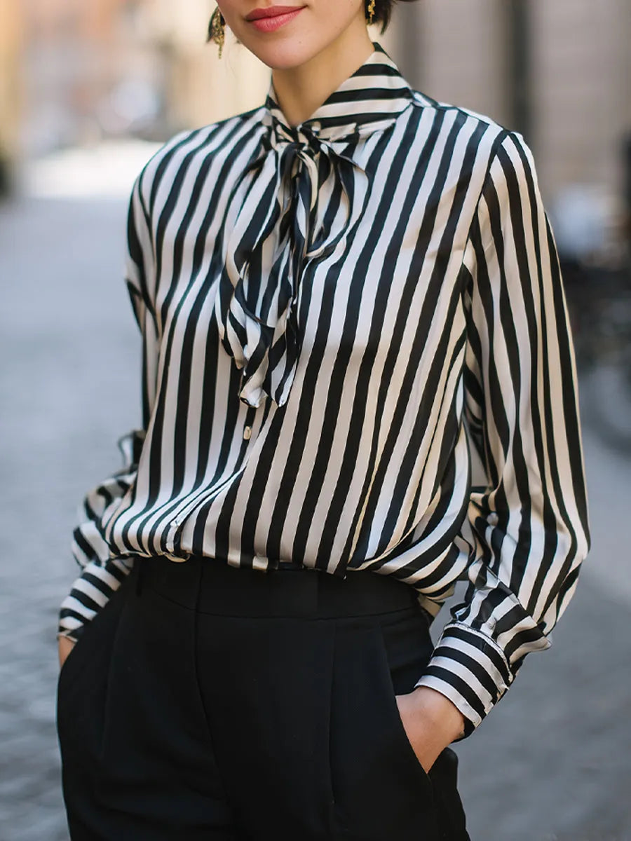 Tie-Neck Vertical Stripe Long Sleeve Blouse