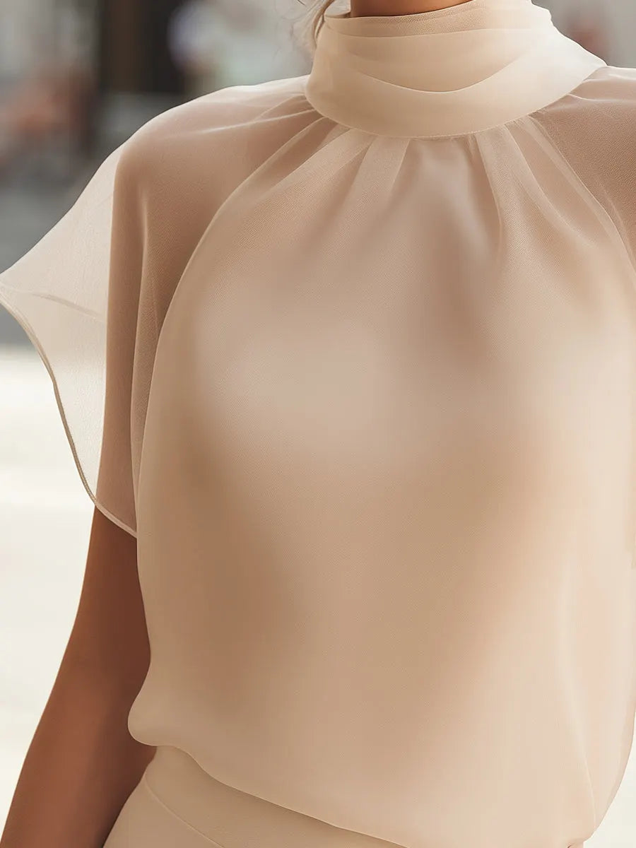 Flutter Sleeve Mock Neck Blouse with Soft Draped Silhouette