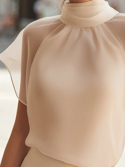 Flutter Sleeve Mock Neck Blouse with Soft Draped Silhouette
