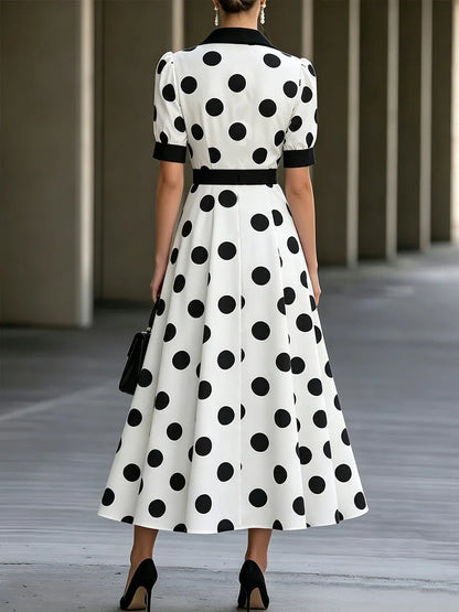 Black And White Polka Dot Shirt Dress (Mid-Length)