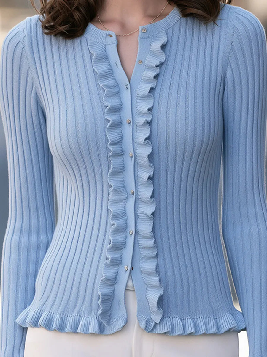 Ruffle-Trim Ribbed Button-Front Knit Cardigan