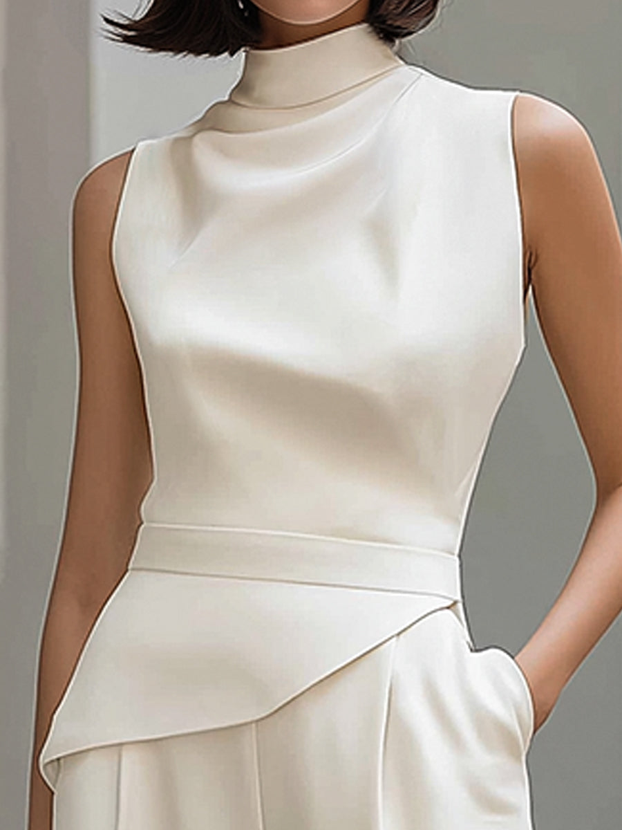 High-Neck Draped Bodice & Wide-Leg Two-Piece Set