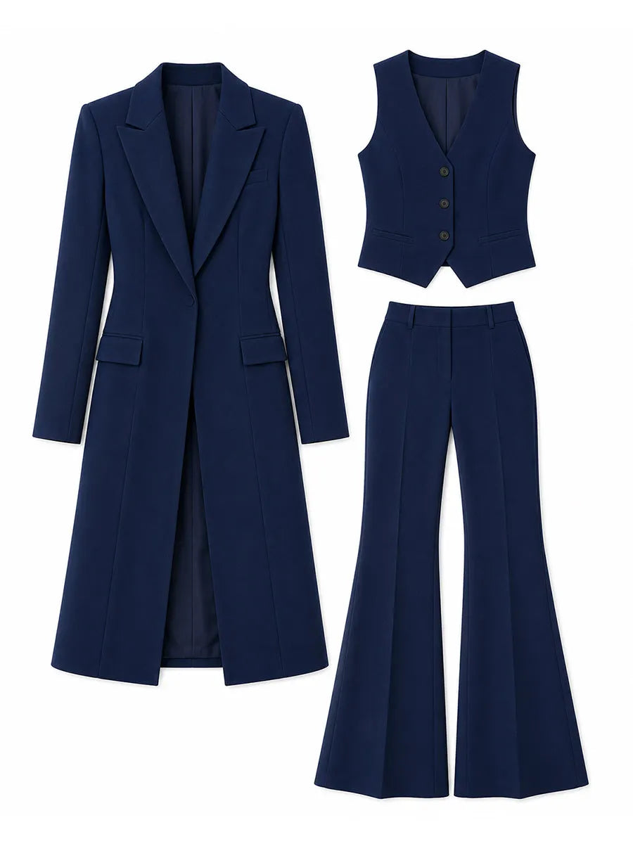 Three-Piece Suit, Long Line Blazer + V-Neck Vest + Flared Trousers Formal  Set