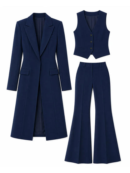 Three-Piece Suit, Long Line Blazer + V-Neck Vest + Flared Trousers Formal  Set