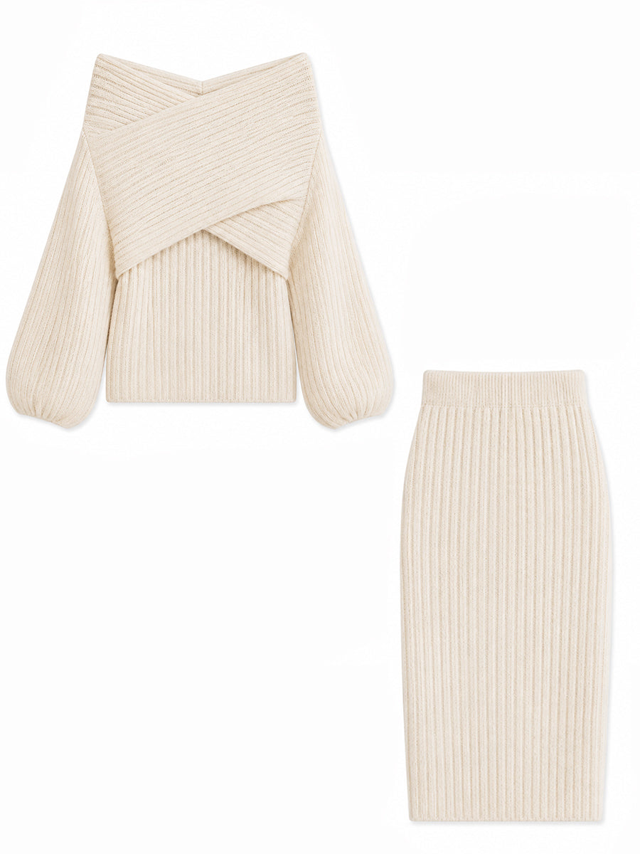 Two-Piece Set: Ribbed Knit Off-Shoulder Crisscross Top & High-Waisted Midi Skirt