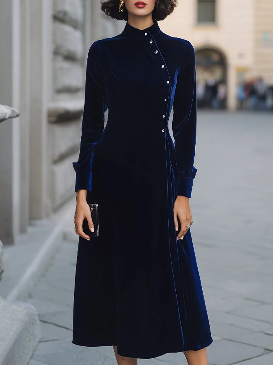 Asymmetric Button-Bodice Velvet A-Line Midi Dress
