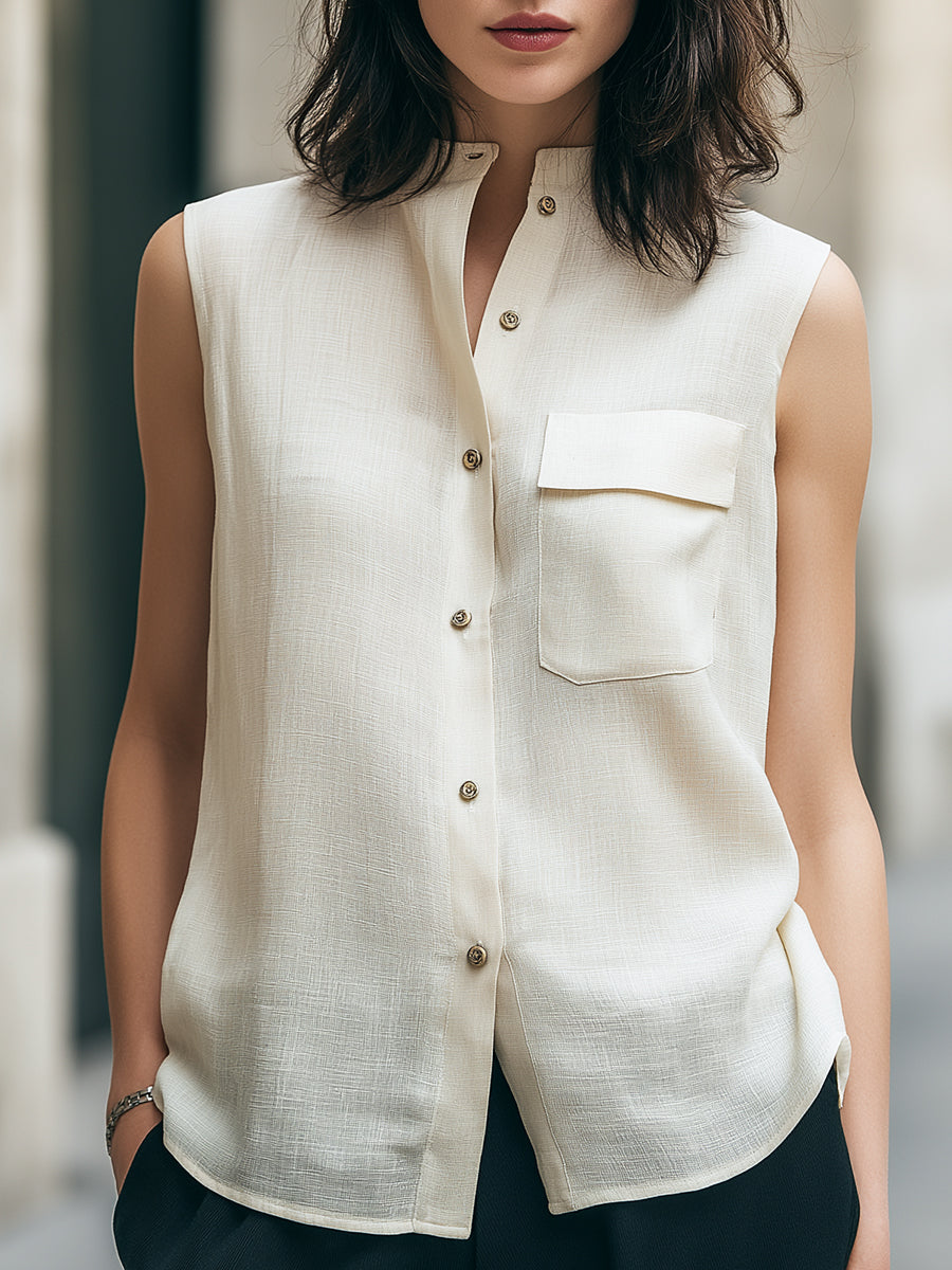 Sleeveless Stand Collar Utility Blouse