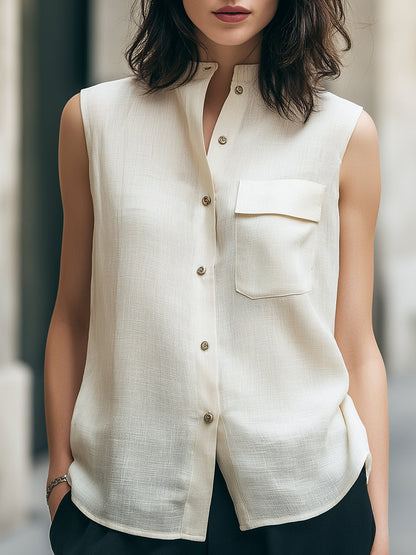 Sleeveless Stand Collar Utility Blouse