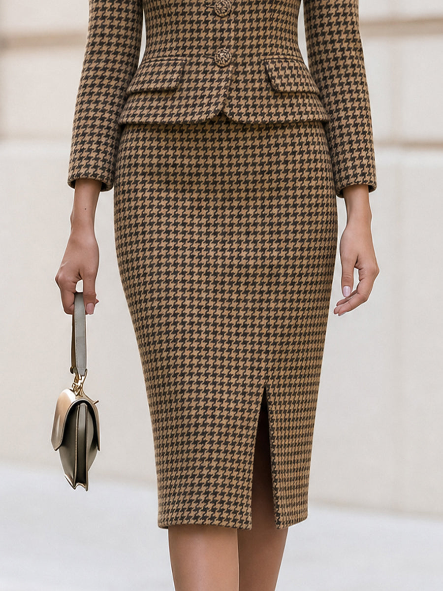 Houndstooth Stand Collar Jacket & Pencil Midi Skirt Two-Piece Co-Ord Set