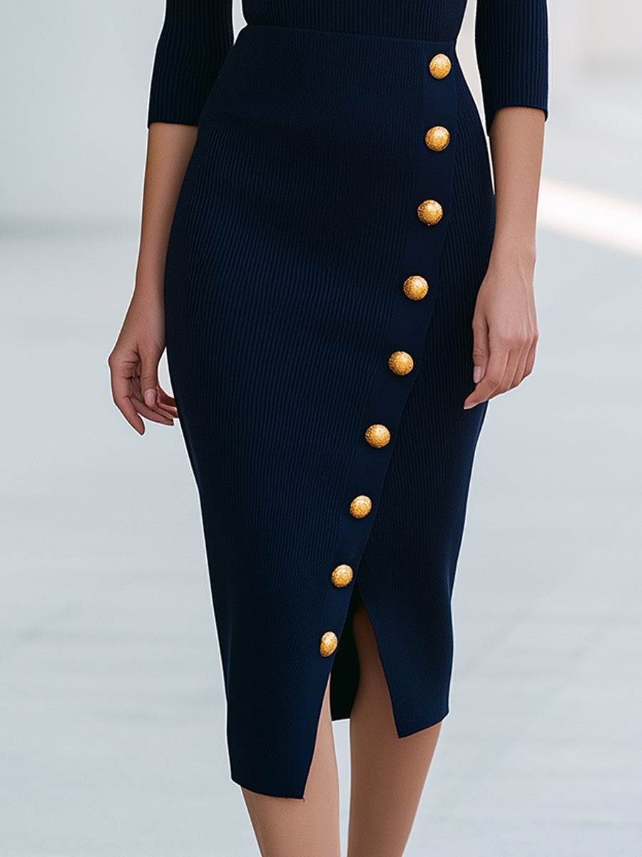 Cold-Shoulder Button-Detail Ribbed Midi Dress