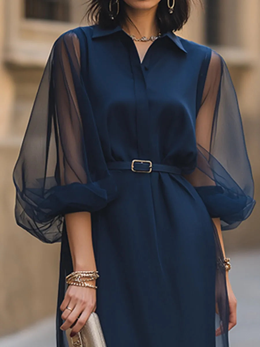 Sheer Organza Sleeve Belted Shirt Midi Dress