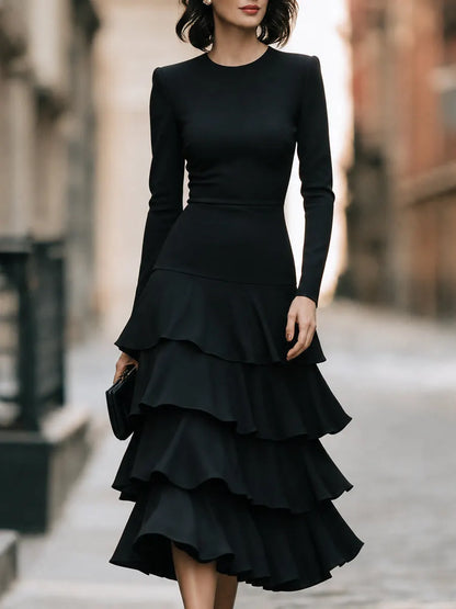 Elegant Long Sleeve Tiered Ruffle Midi Dress