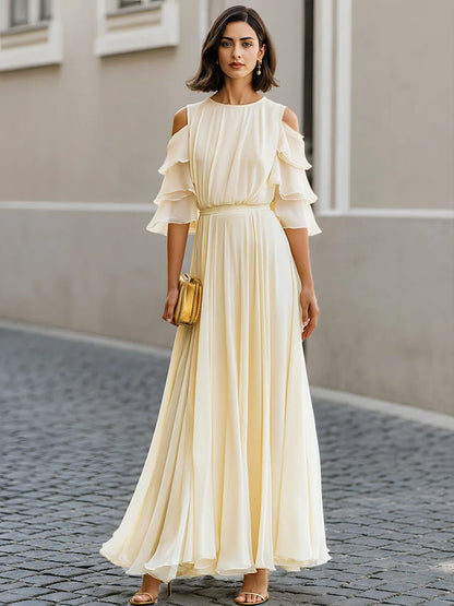 Cold Shoulder Layered Sleeve Chiffon Maxi Dress Flowing Pleats