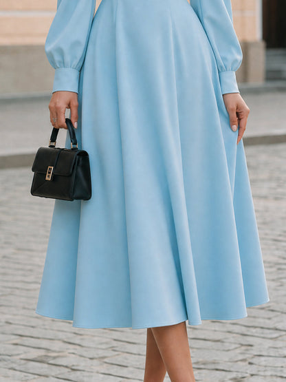 Wedding Guest Formal High Neck Puff Bishop Long Sleeve  Midi Dress