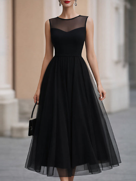 Robe midi noire sans manches en tulle à empiècement en maille