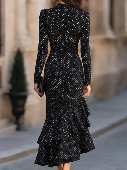 Polka Dot Mock Neck Ruffle Mermaid Maxi Dress