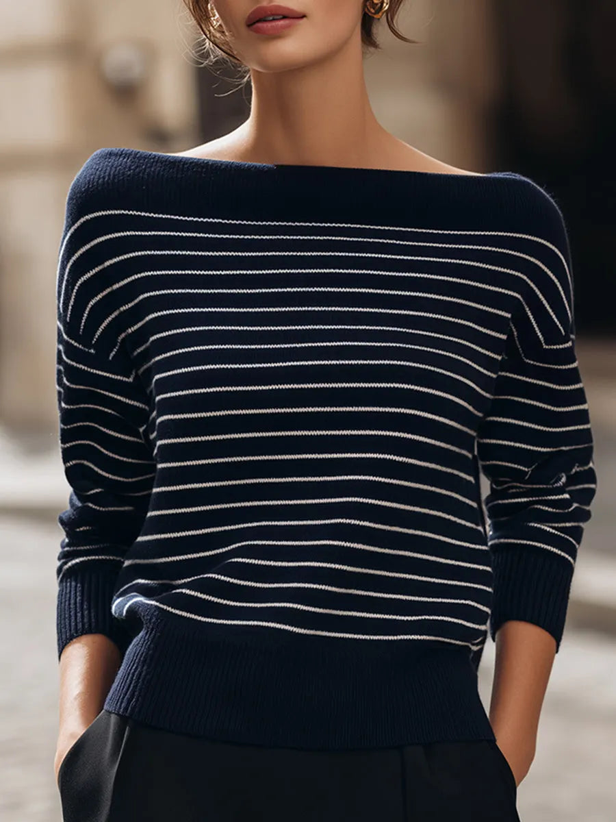 Elegant Striped Boat-Neck Knit Sweater