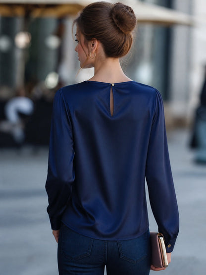 Satin Cowl-Neck Draped Long-Sleeve Top