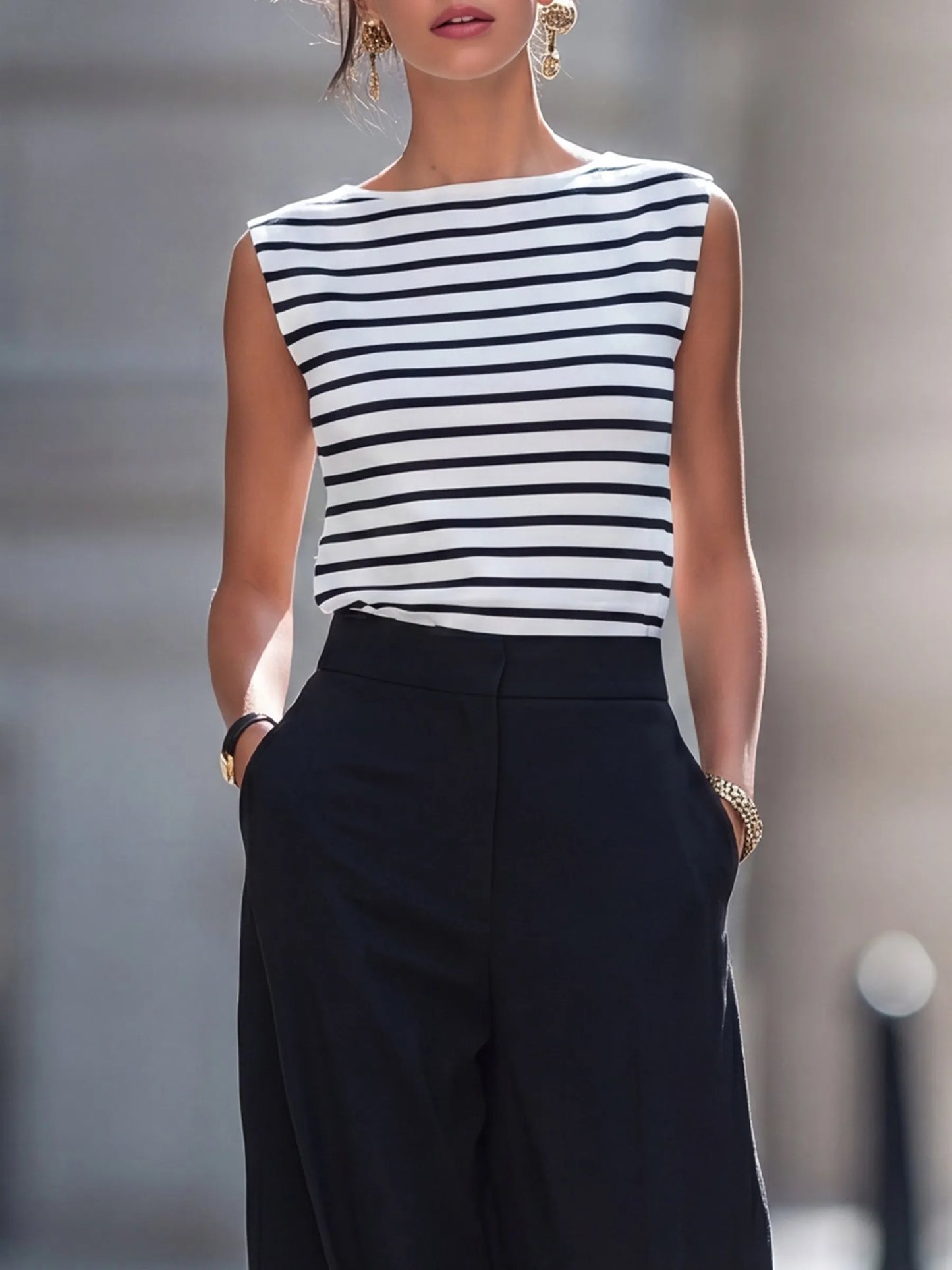 Sleeveless Striped Knit Top & Wide-Leg Trousers Set