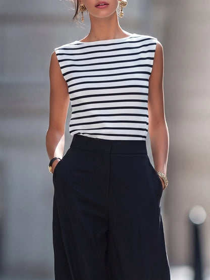 Sleeveless Striped Knit Top & Wide-Leg Trousers Set