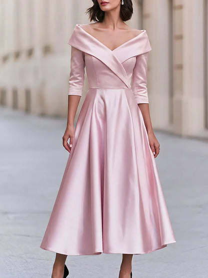 Satin Off-Shoulder A-Line Midi Dress