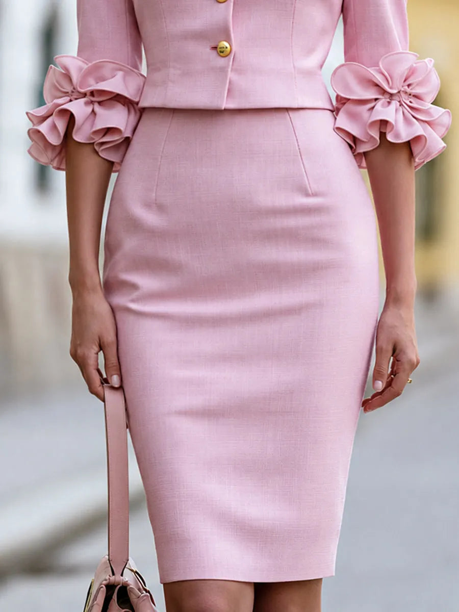Elegant Ruffle Sleeve Blazer And Pencil Skirt Set