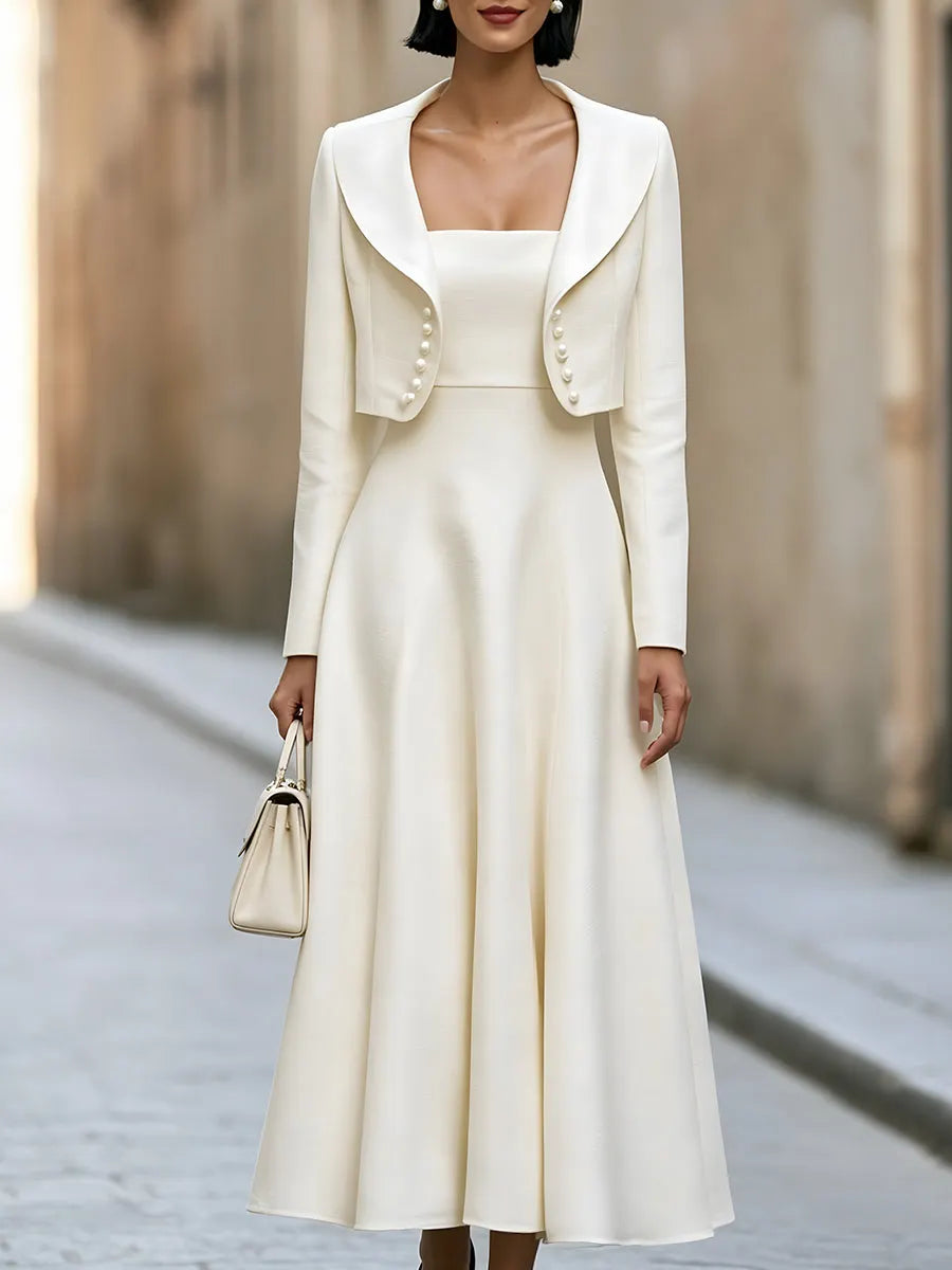 Elegant Pearl-Embellished Cropped Jacket And A-Line Dress Set