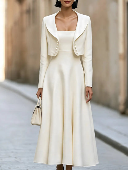Elegant Pearl-Embellished Cropped Jacket And A-Line Dress Set