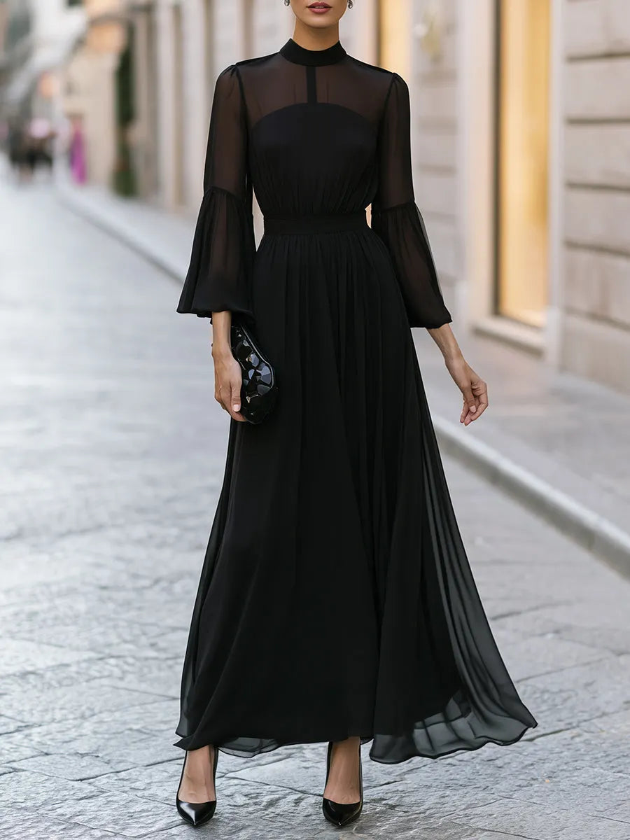 Elegant High-Neck Sheer Sleeve Chiffon Maxi Dress With Draped Waist