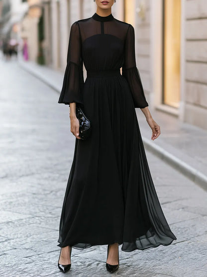 Elegant High-Neck Sheer Sleeve Chiffon Maxi Dress With Draped Waist