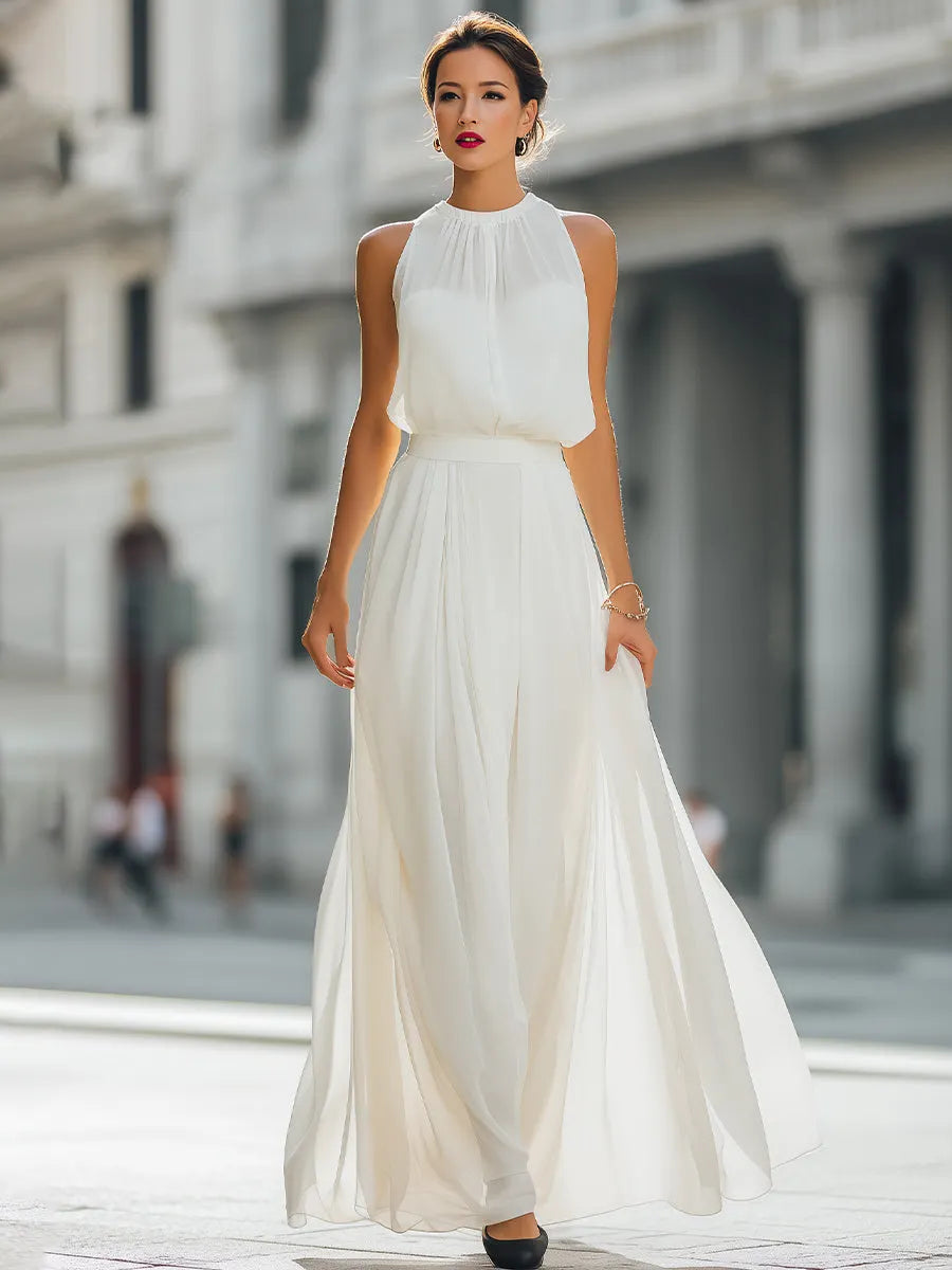 Pleated Halter Neck Maxi Dress with Flowing Skirt