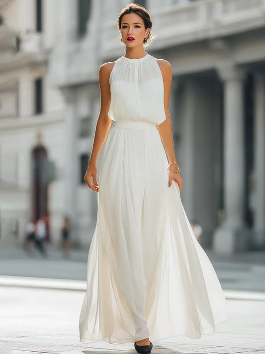 Pleated Halter Neck Maxi Dress with Flowing Skirt
