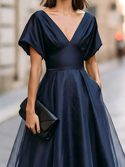 Legant Satin V-Neck Flutter Sleeve Midi Dress In A-Line Silhouette