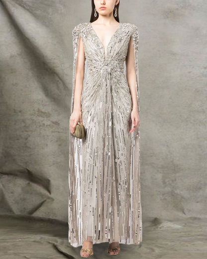 Deep V Beading Cape Sleeve Dress