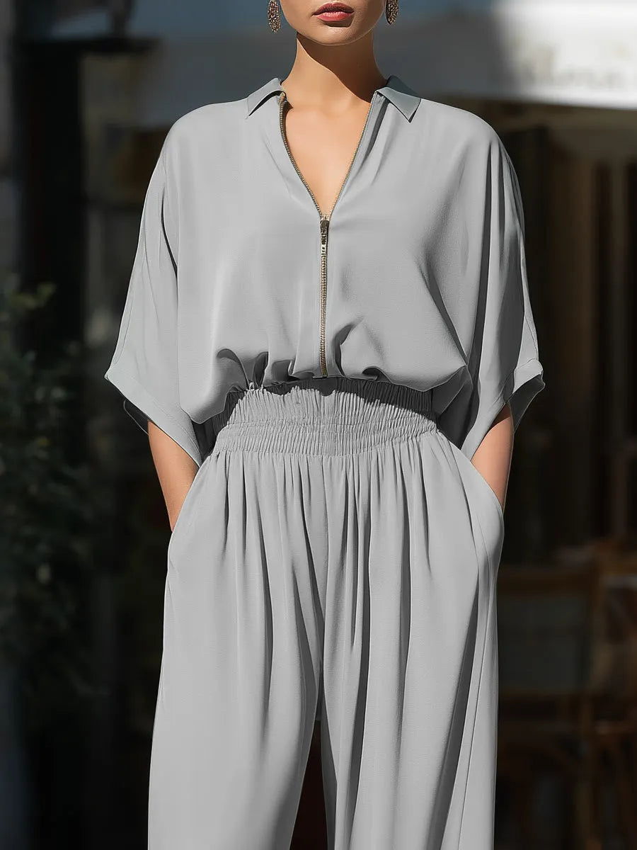 Zip-Front Relaxed Blouse And Wide-Leg Pants Set