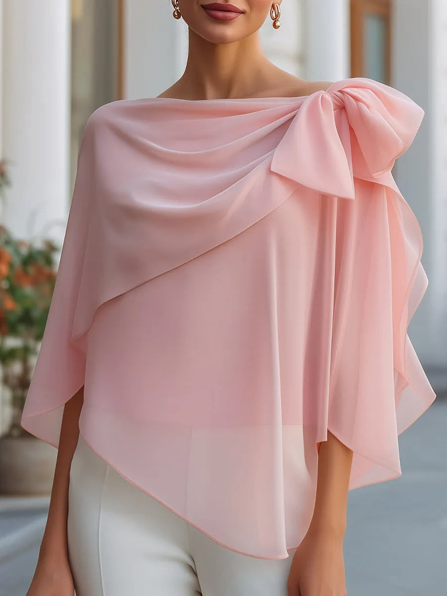 Asymmetric Bow Draped Chiffon Blouse
