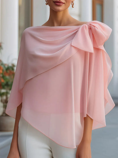 Asymmetric Bow Draped Chiffon Blouse