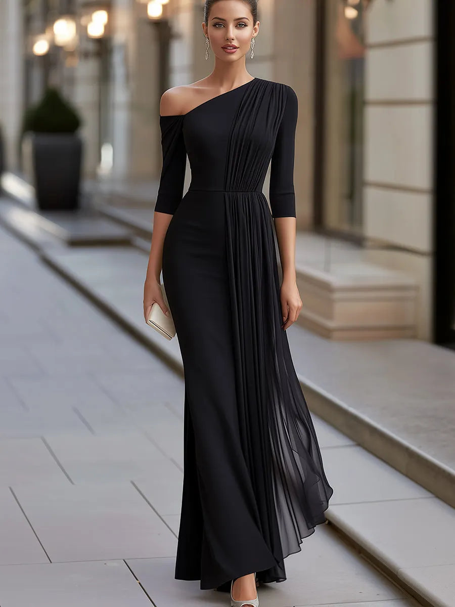 One Shoulder Draped Skirt Pleated Maxi Dress